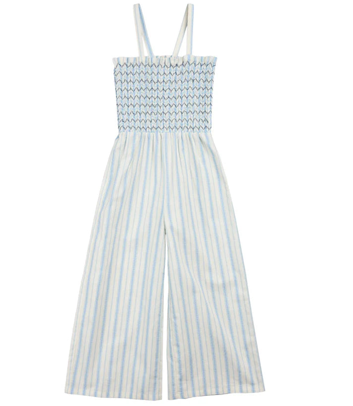 Smocked Tank Jumpsuit- White and Blue