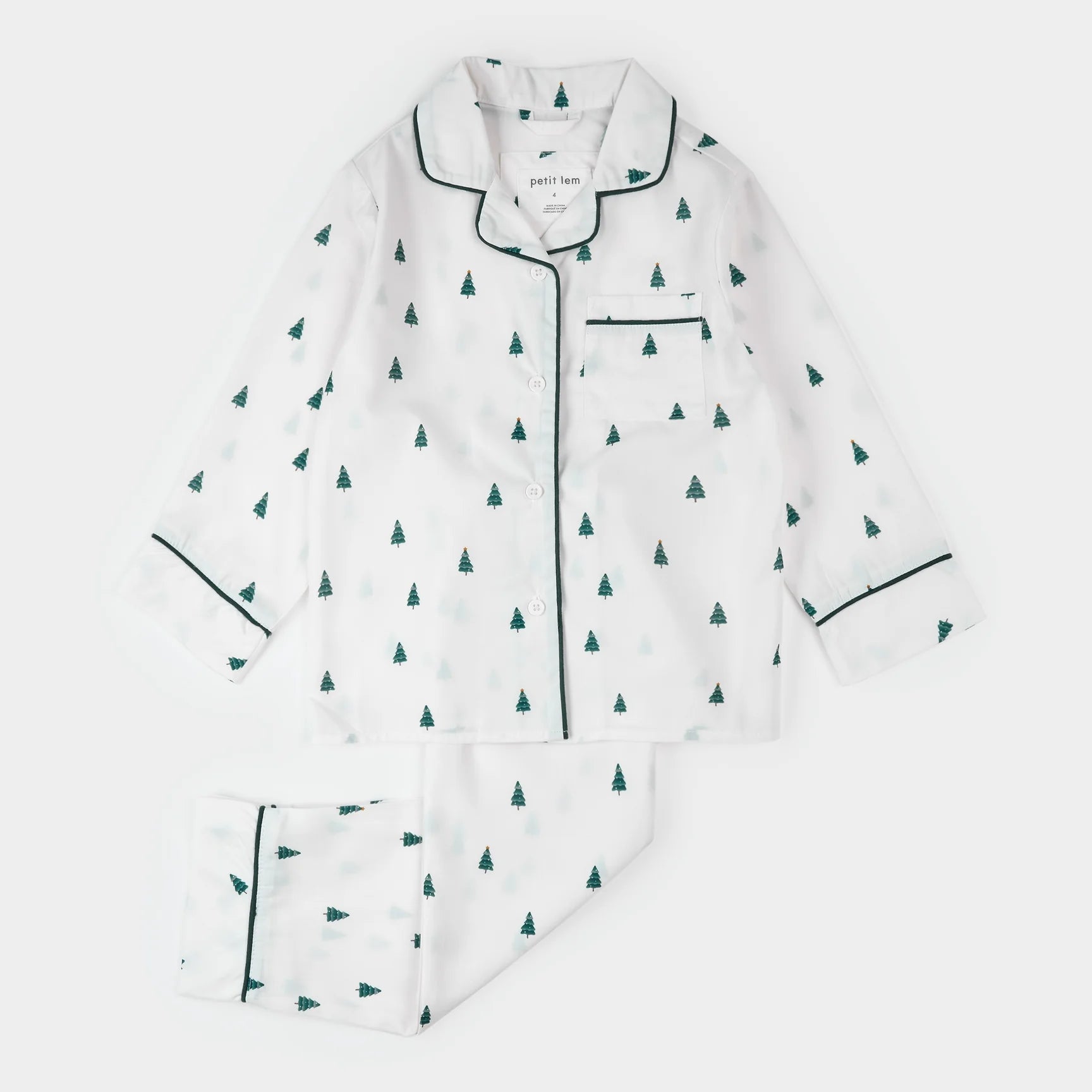 Pine Tree Print on Off-White Poplin PJ Set