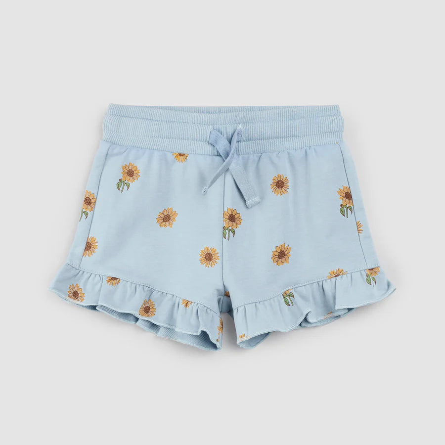 Sunflower Print on Celestial Blue Ruffled Shorts - Size 10