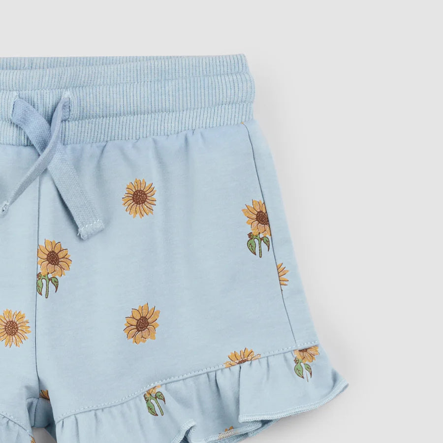 Sunflower Print on Celestial Blue Ruffled Shorts - Size 10