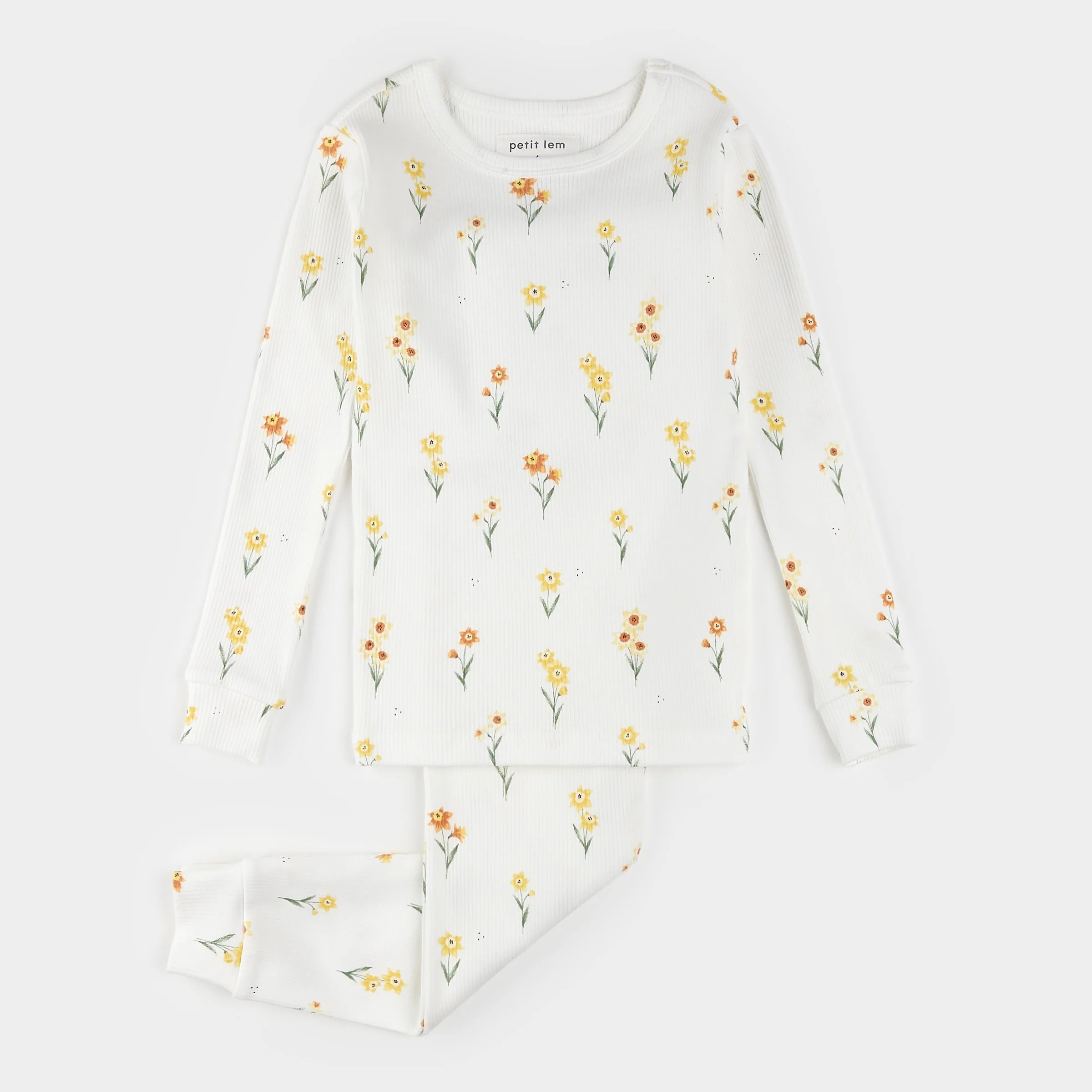 Daffodil Print on Off-White Ribbed PJ Set - Size 14
