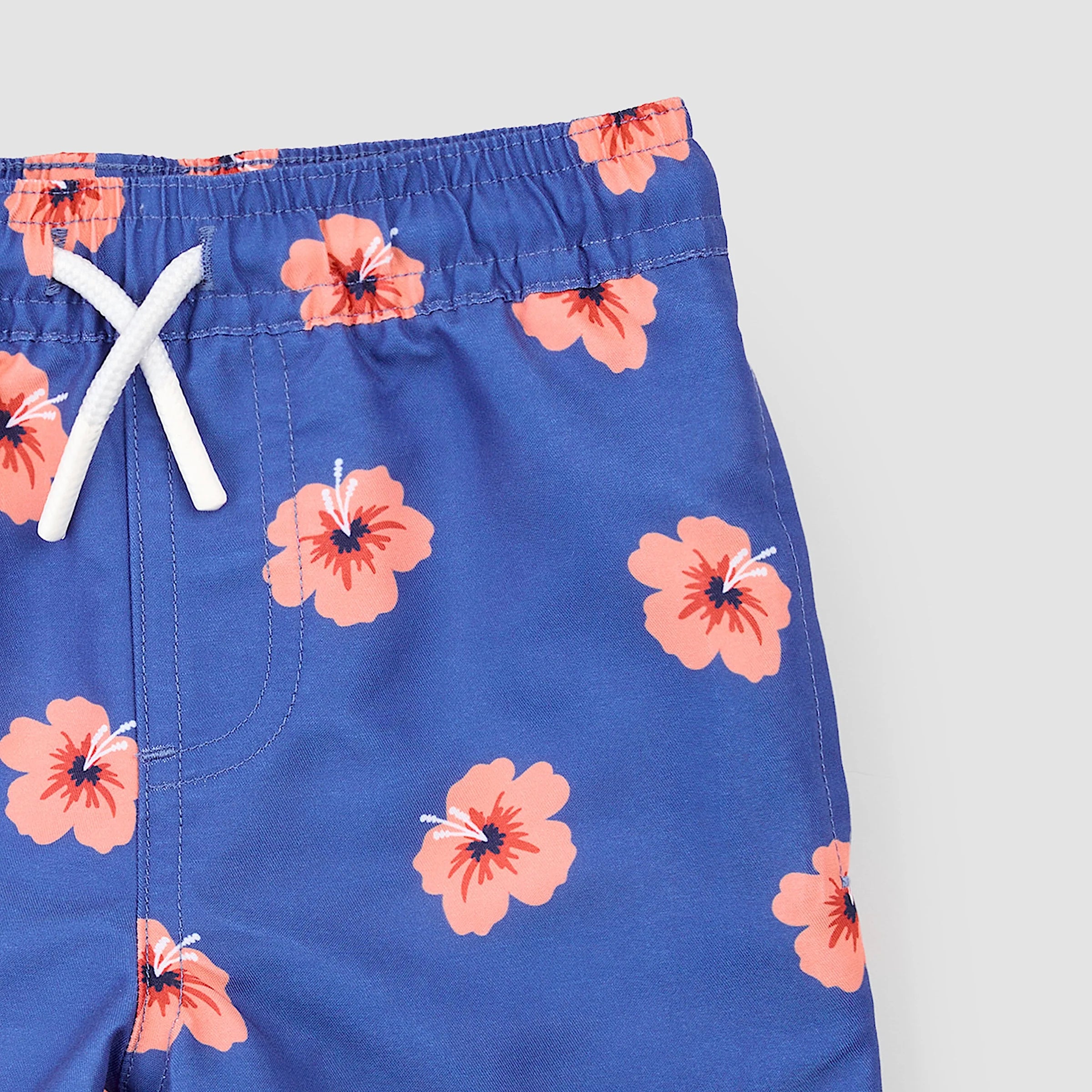 Hibiscus Print on Deep Blue Swim Trunks