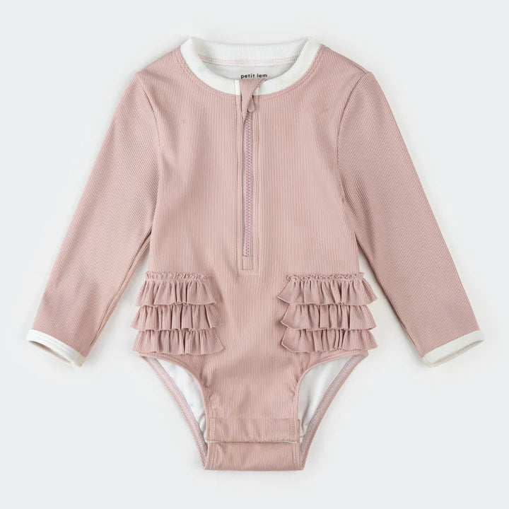 Ribbed Long-Sleeve One-Piece Swimsuit - Lavender