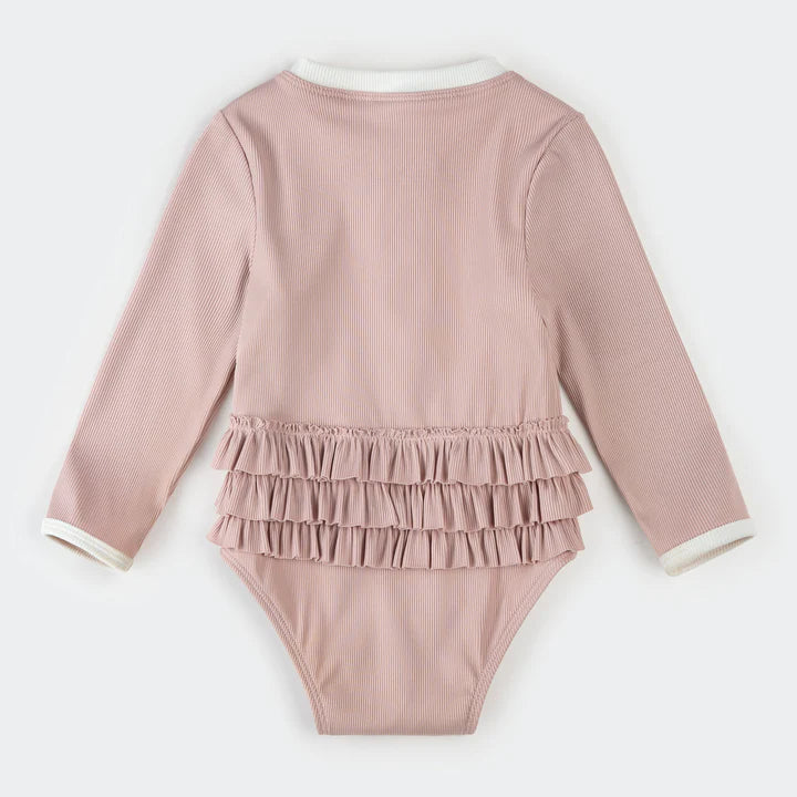 Ribbed Long-Sleeve One-Piece Swimsuit - Lavender