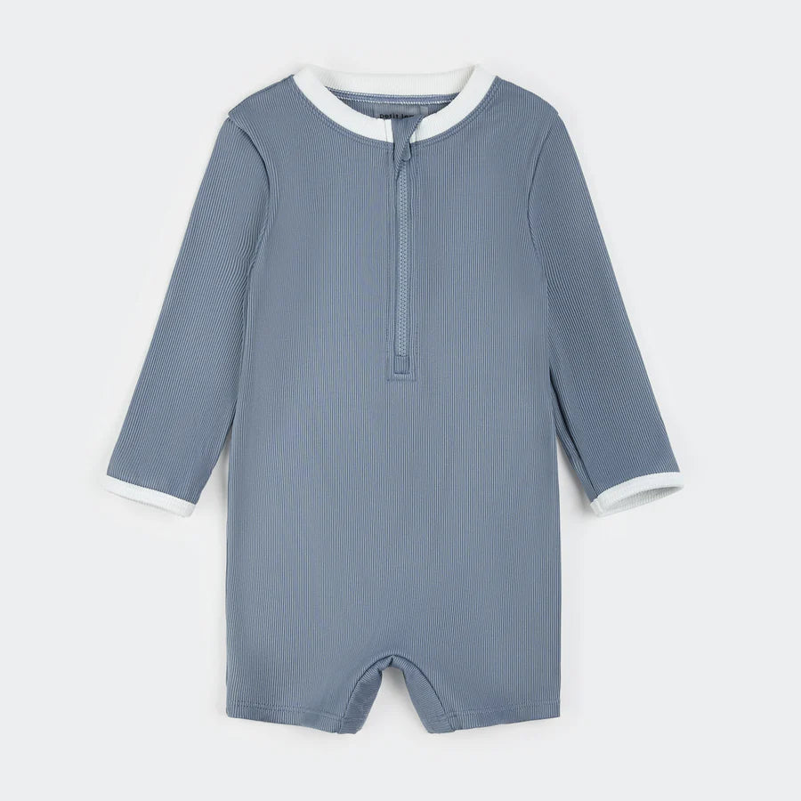 Dusty Blue Long-Sleeve Swim Romper