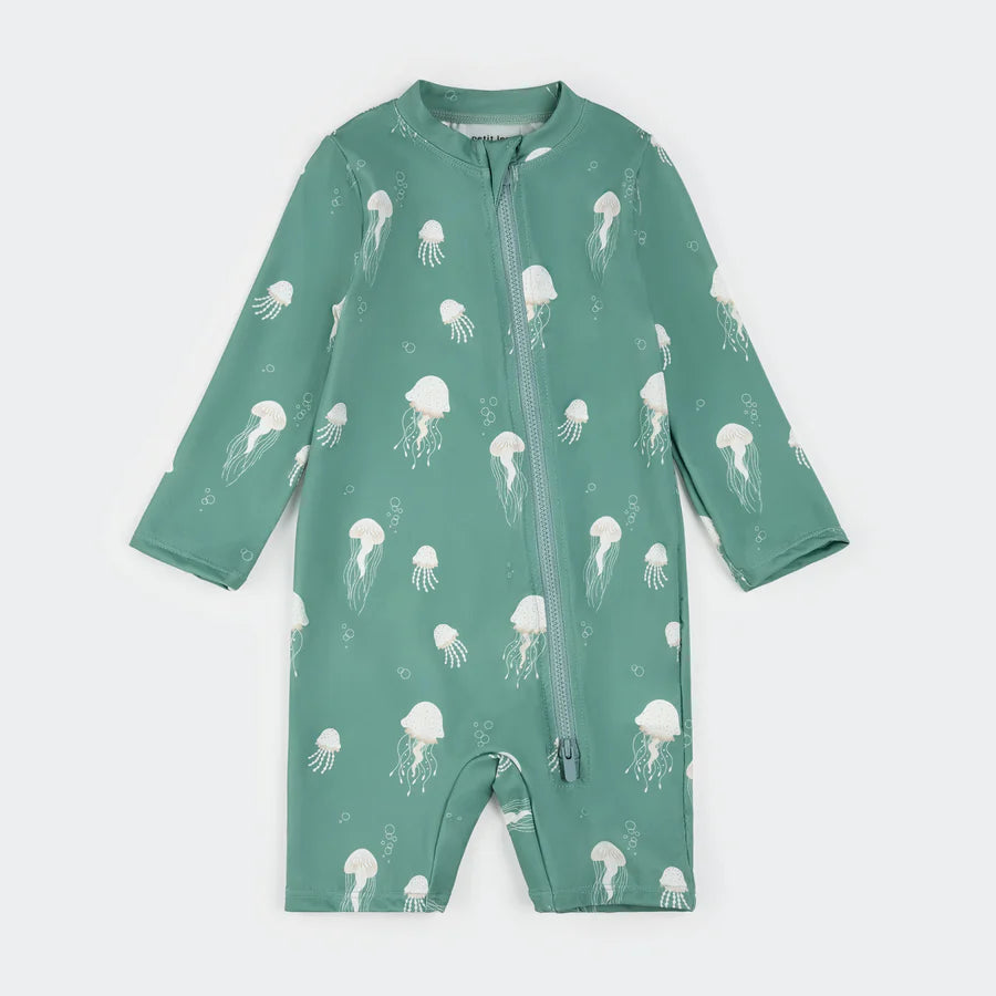 Jellyfish Print on Turquoise Long-Sleeve Swim Romper