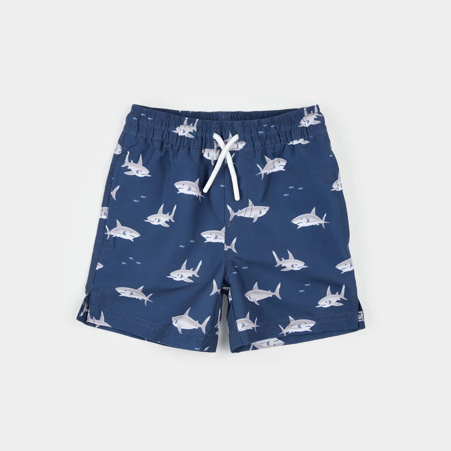 Sharks Print on Deep Blue Swim Trunks