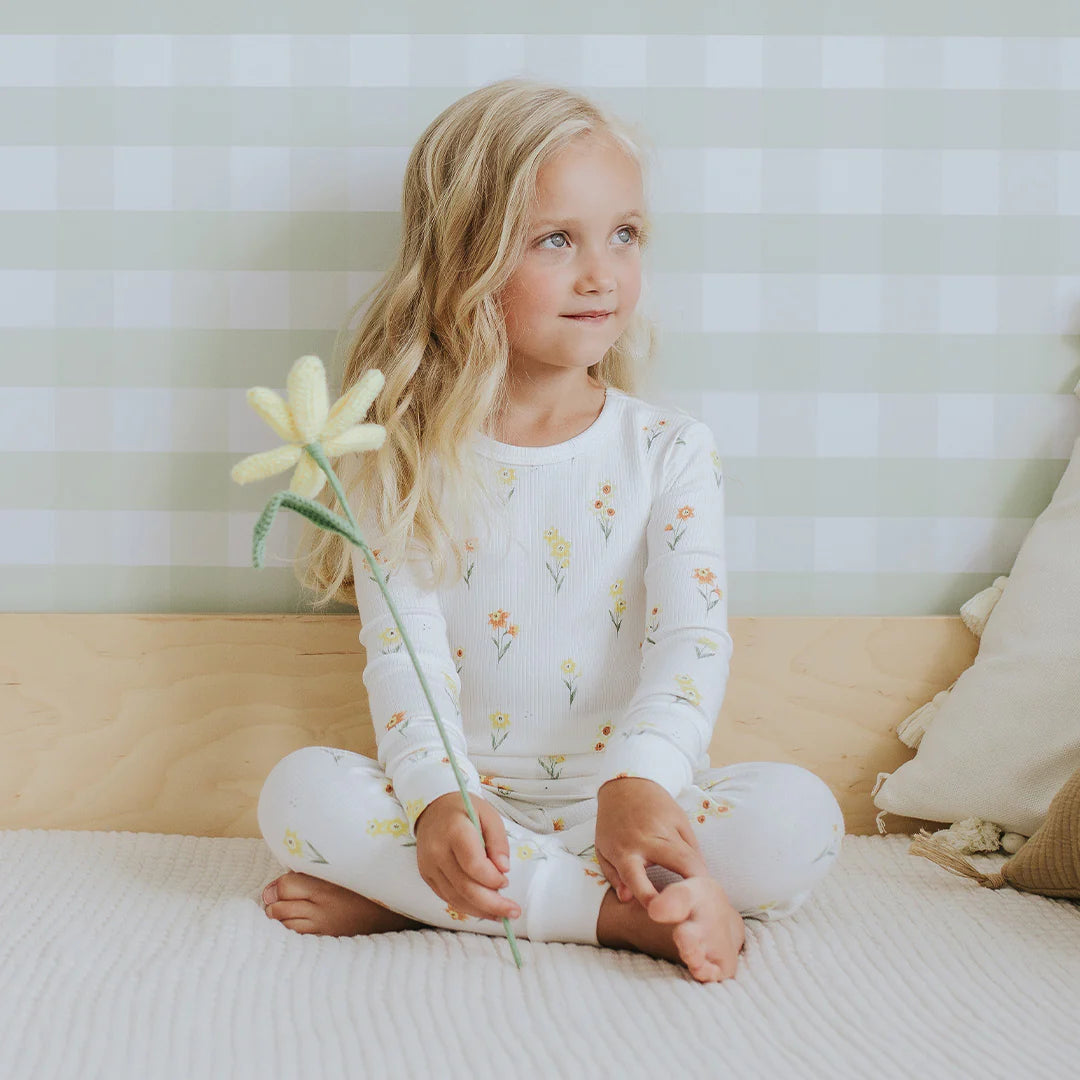 Daffodil Print on Off-White Ribbed PJ Set