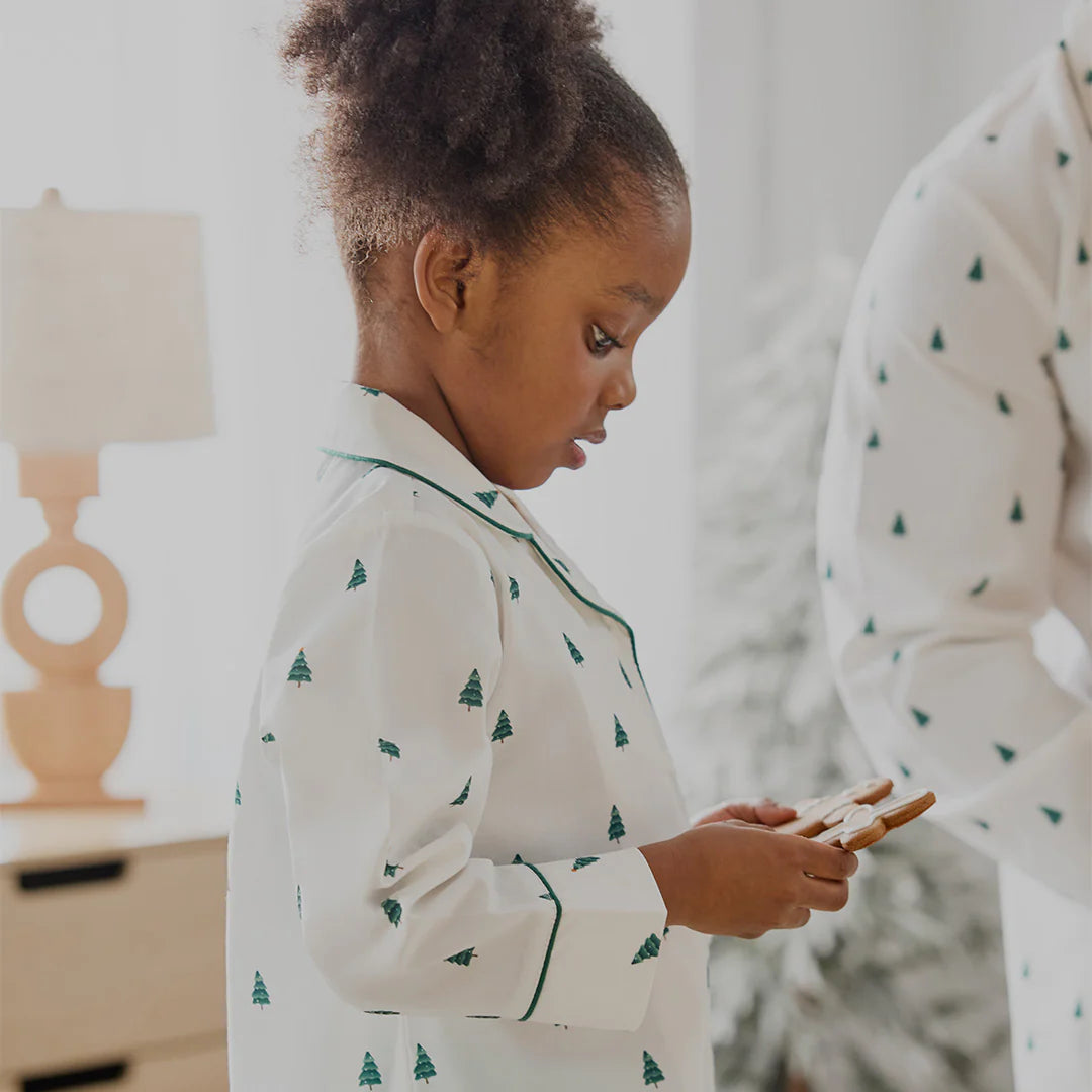 Pine Tree Print on Off-White Poplin Girl's Night Gown