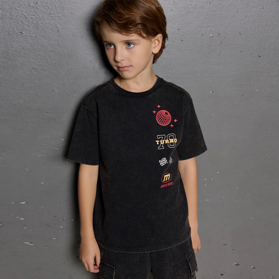 Racing on Black Acid Wash T-Shirt - Size 4