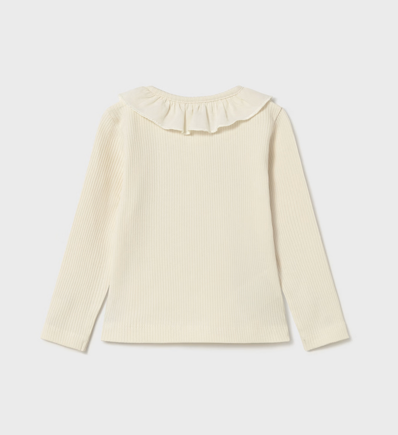 Baby Ribbed Polo Shirt with Ruffle Collar - Cream