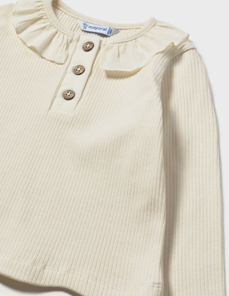 Baby Ribbed Polo Shirt with Ruffle Collar - Cream