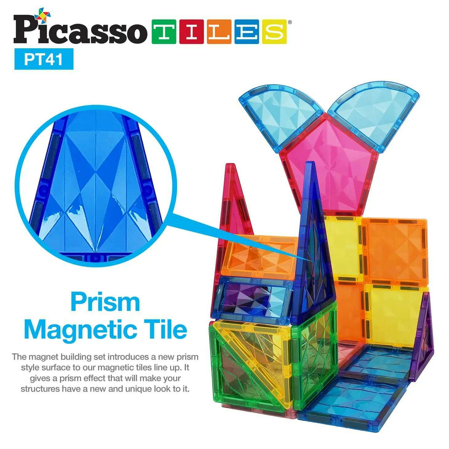 Picasso Tiles : 41 Piece Prism Magnetic Building Block Set