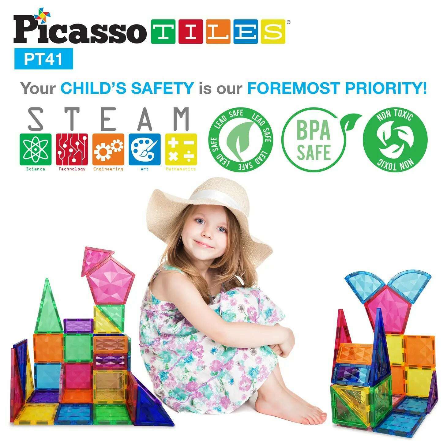 Picasso Tiles : 41 Piece Prism Magnetic Building Block Set