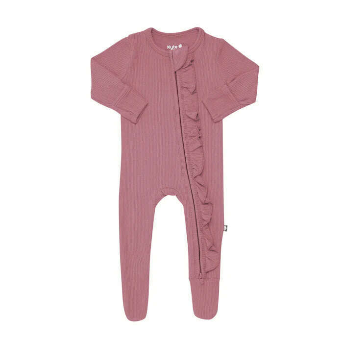Ribbed Ruffle Zipper Footie in Dusty Rose