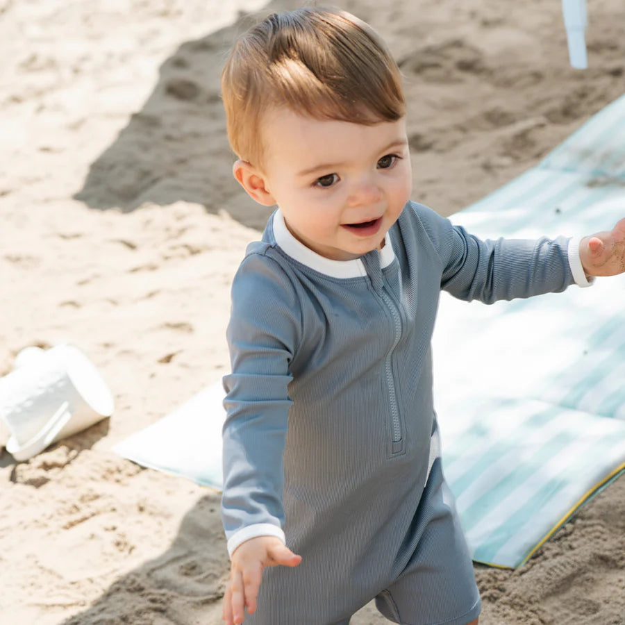 Dusty Blue Long-Sleeve Swim Romper