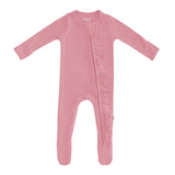 Ribbed Ruffle Zipper Footie in Apple Blossom