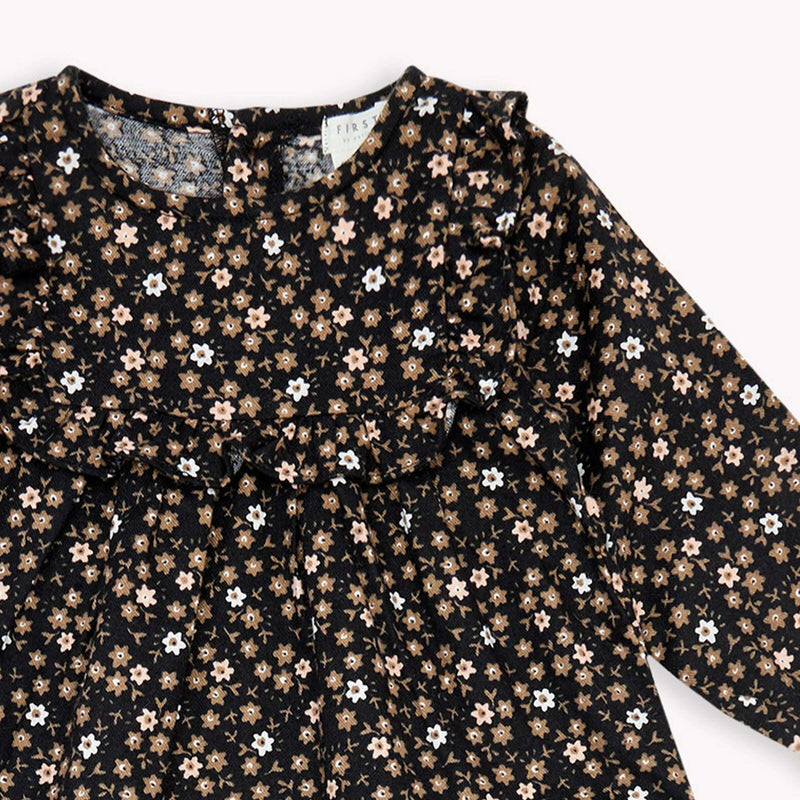 Floral Print on Black Flannel Dress Set