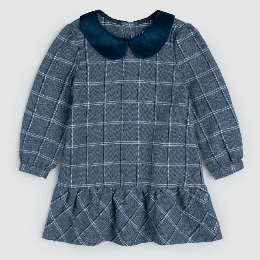 Navy Plaid Tweed Collared Dress