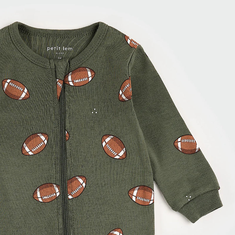 Football Print on Agave Green Sleeper - Size 9M