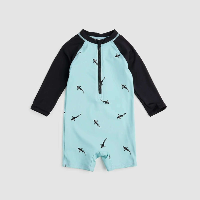 Sharks Print On Aqua Swim Romper - Size 0-3M