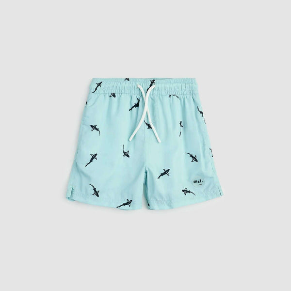 Sharks Print On Aqua Swim Trunks - Size 5