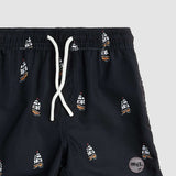 Pirate Ship On Pure Black Swim Trunks - Size 10