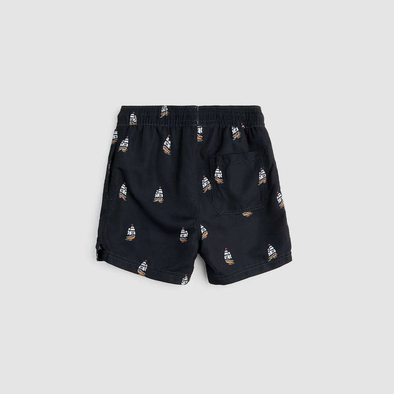 Pirate Ship On Pure Black Swim Trunks - Size 10