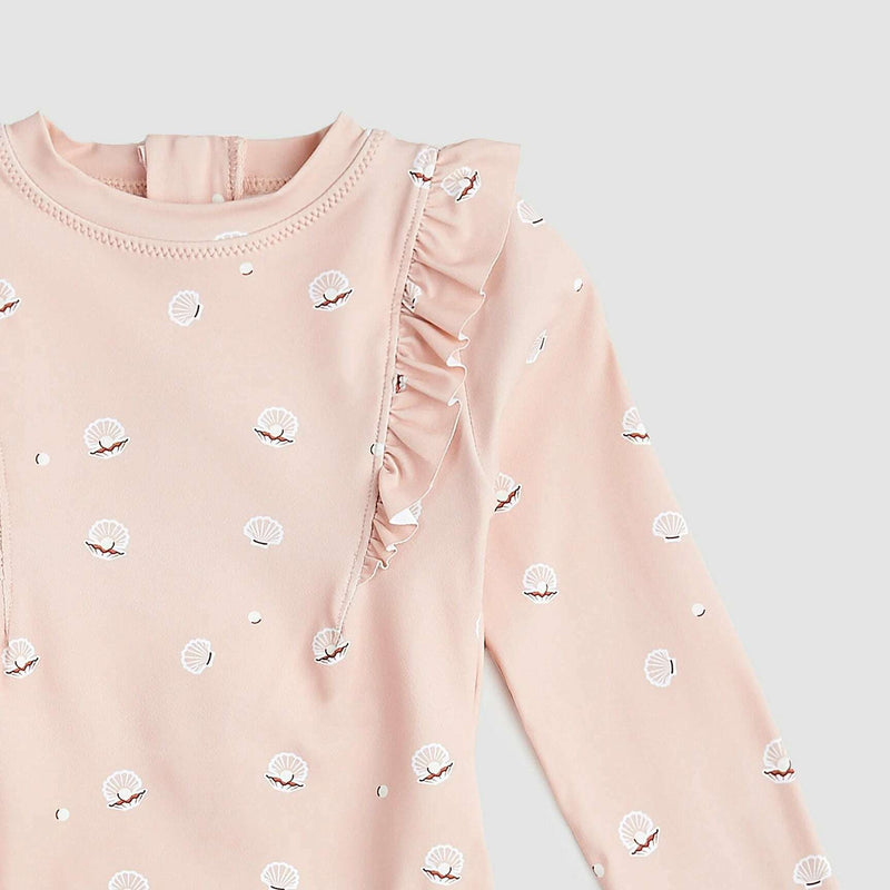 Pearl Shell Print On Pink Long-Sleeve Swimsuit
