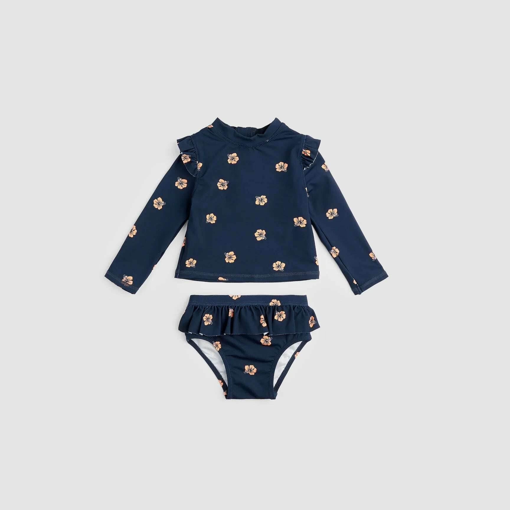 Hawaiian Hibiscus On Navy Long-Sleeve Rashguard Swim Set