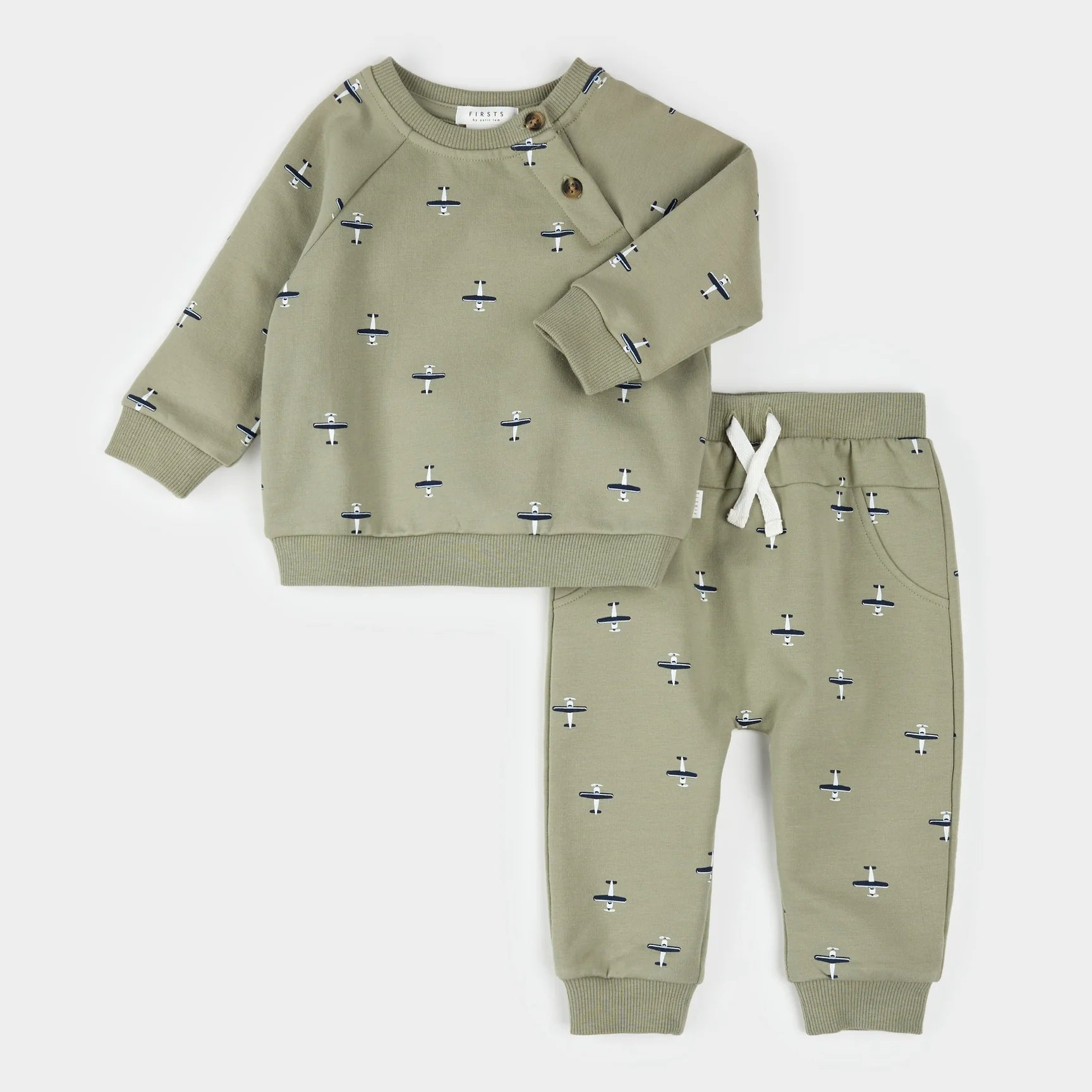 Seaplane Print on Fall Green Outfit Set