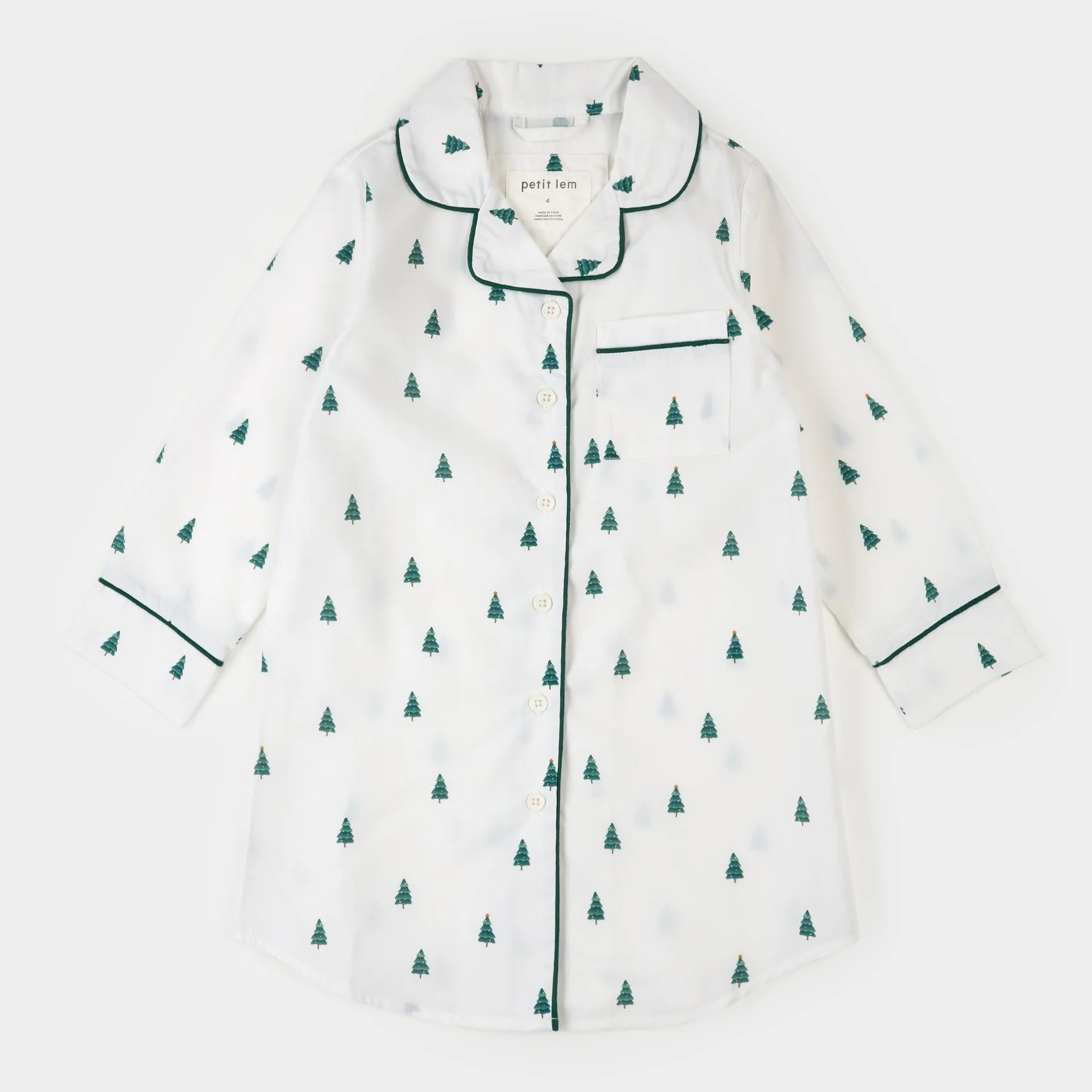 Pine Tree Print on Off-White Poplin Girl's Night Gown