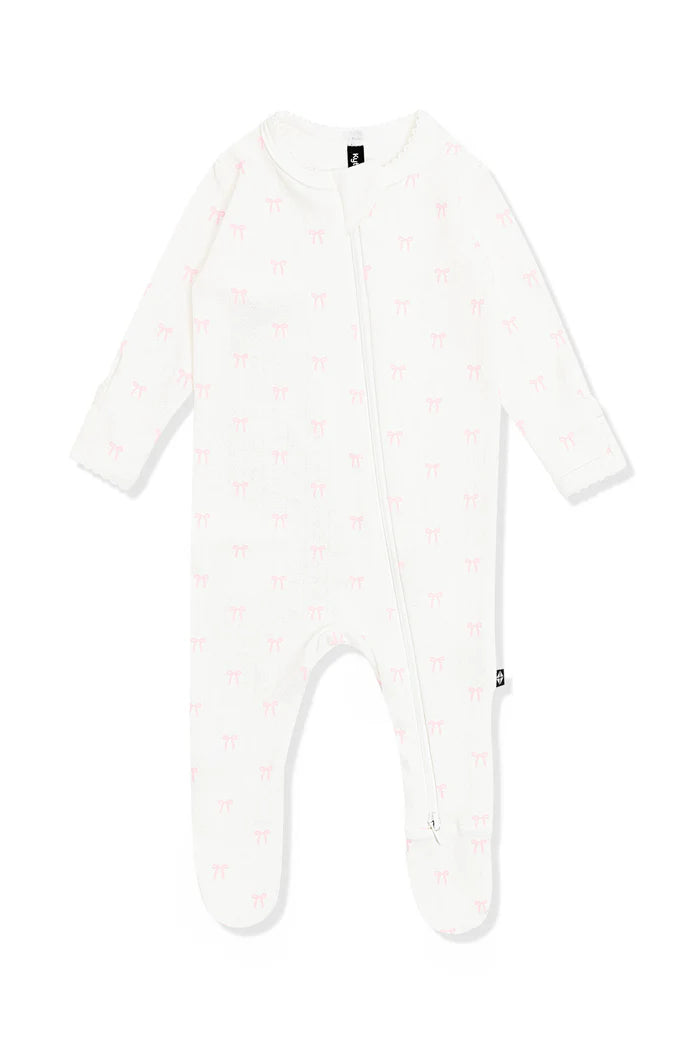 Pointelle Zippered Footie in Sweet Pink Bow