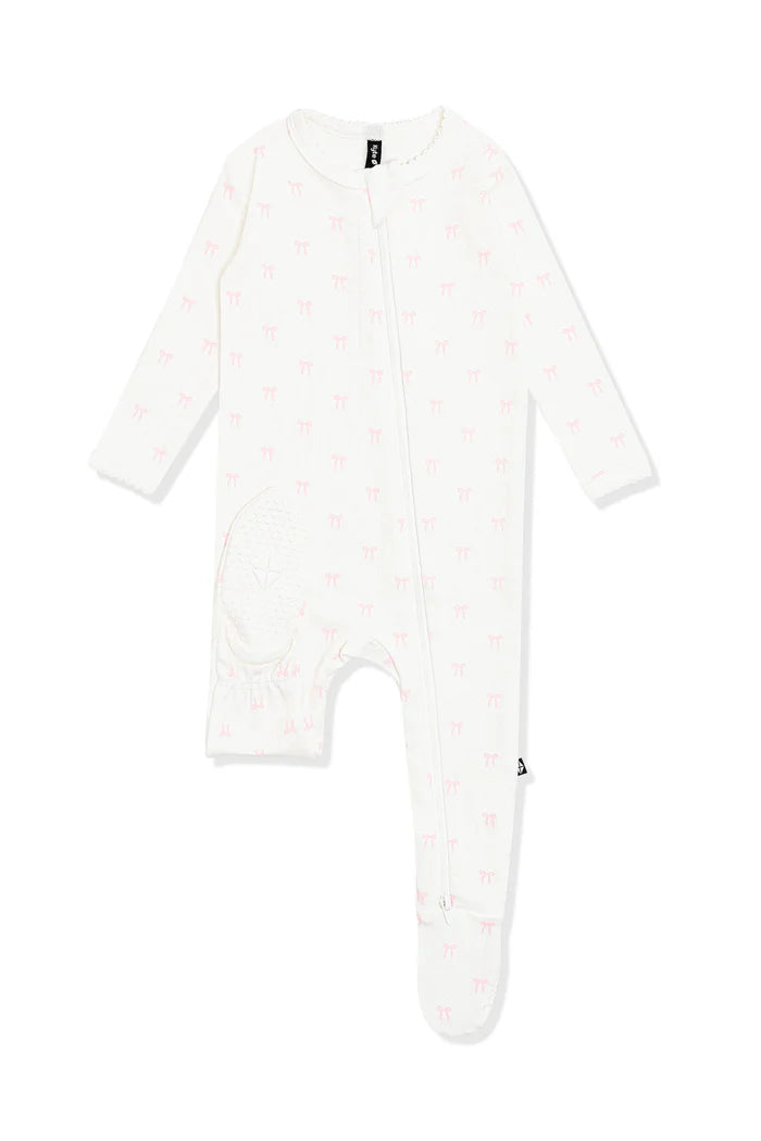Pointelle Zippered Footie in Sweet Pink Bow