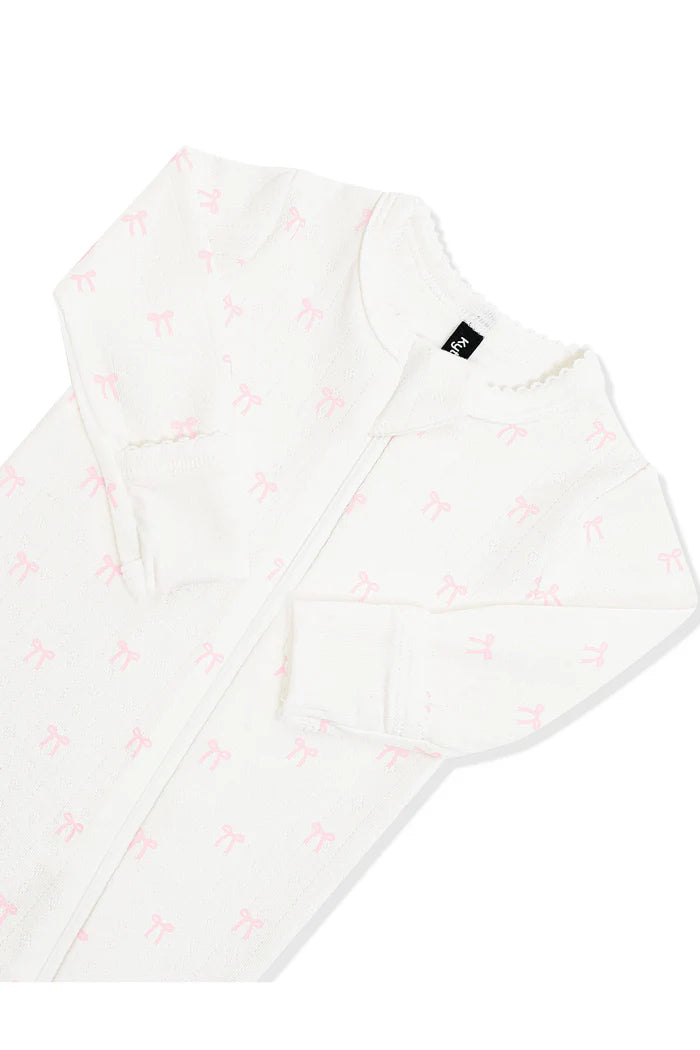 Pointelle Zippered Footie in Sweet Pink Bow