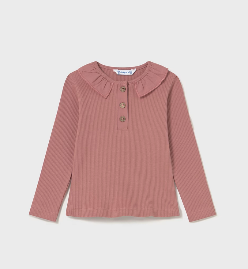 Baby Ribbed Polo Shirt with Ruffle Collar - Clay