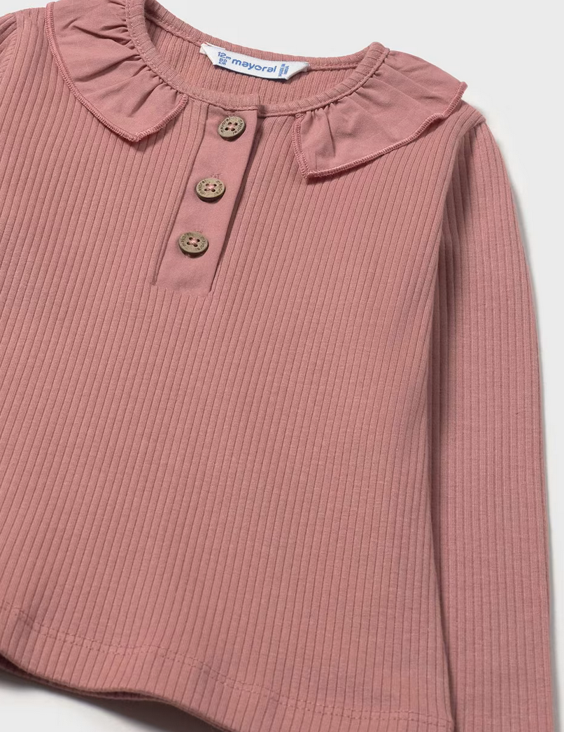 Baby Ribbed Polo Shirt with Ruffle Collar - Clay