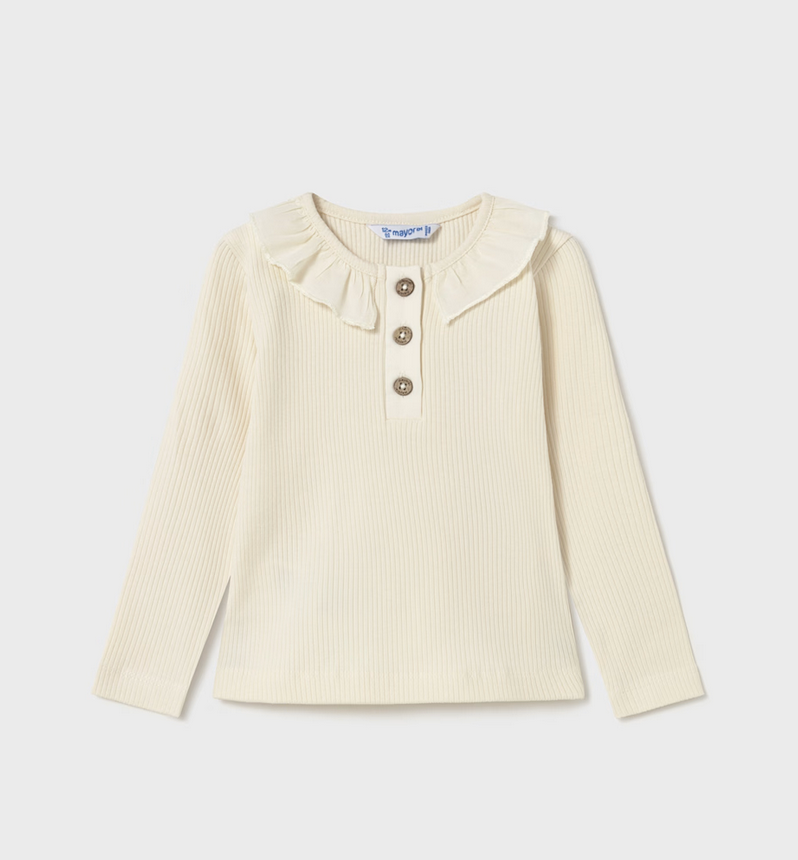 Baby Ribbed Polo Shirt with Ruffle Collar - Cream