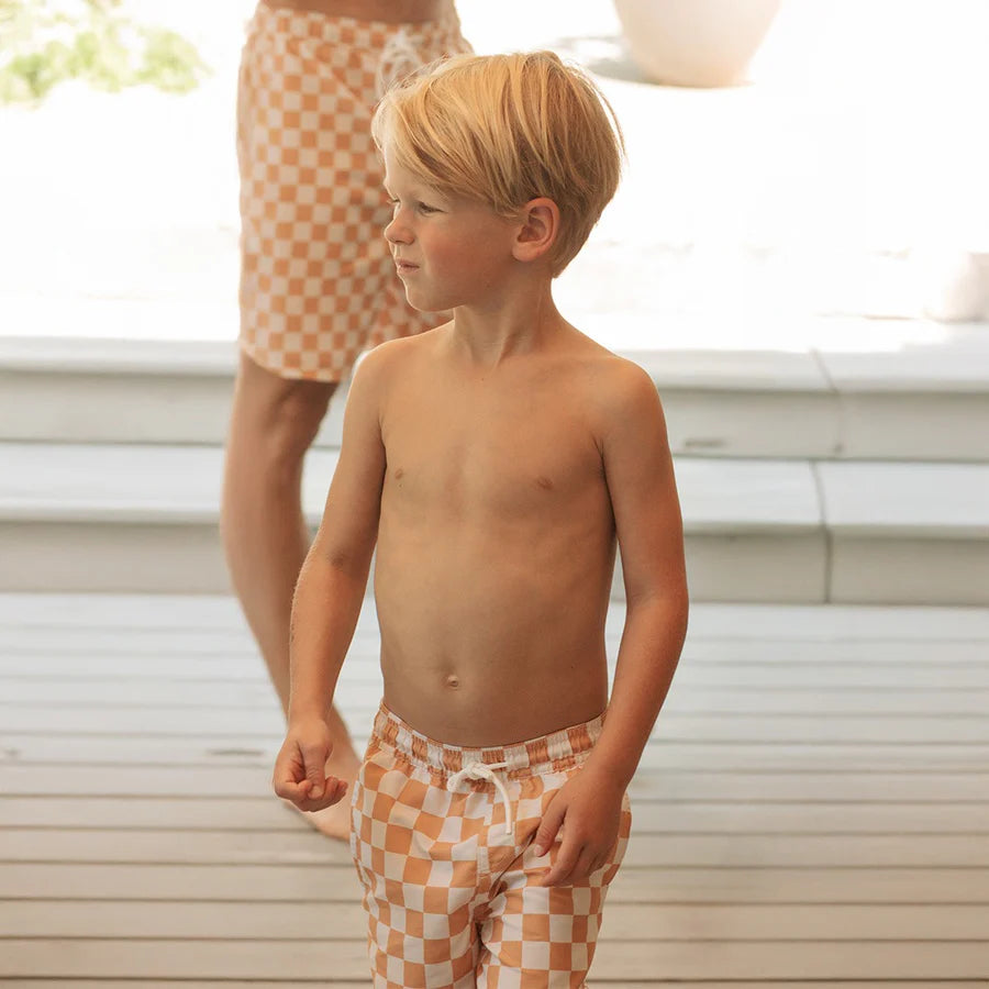 Orange Checkerboard Swim Trunks