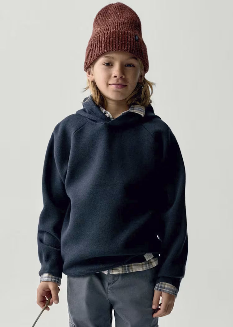 Knit Hooded Sweater  - Navy