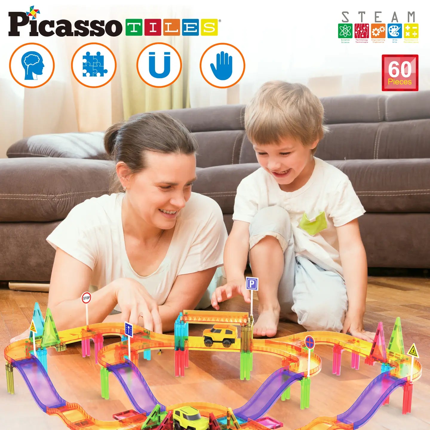 60pc Magnet Tile Race Track Set Led Car Travel Size