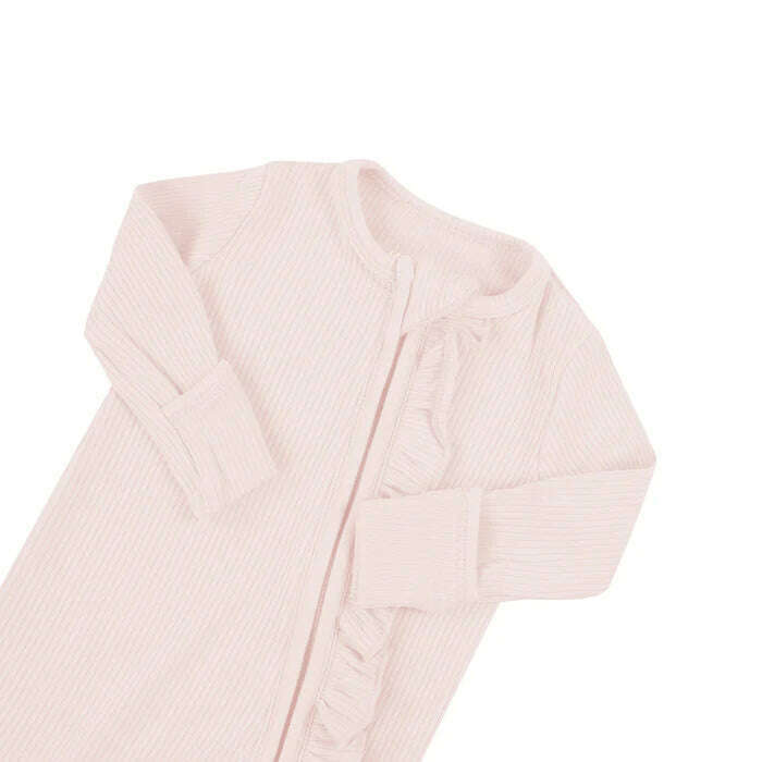 Ribbed Ruffle Zipper Footie in Blush