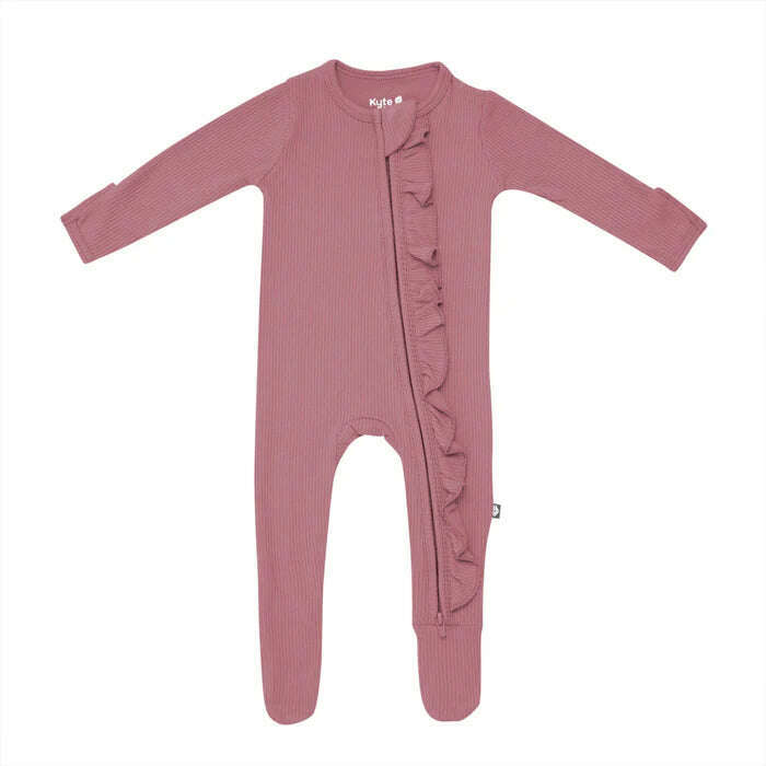 Ribbed Ruffle Zipper Footie in Dusty Rose